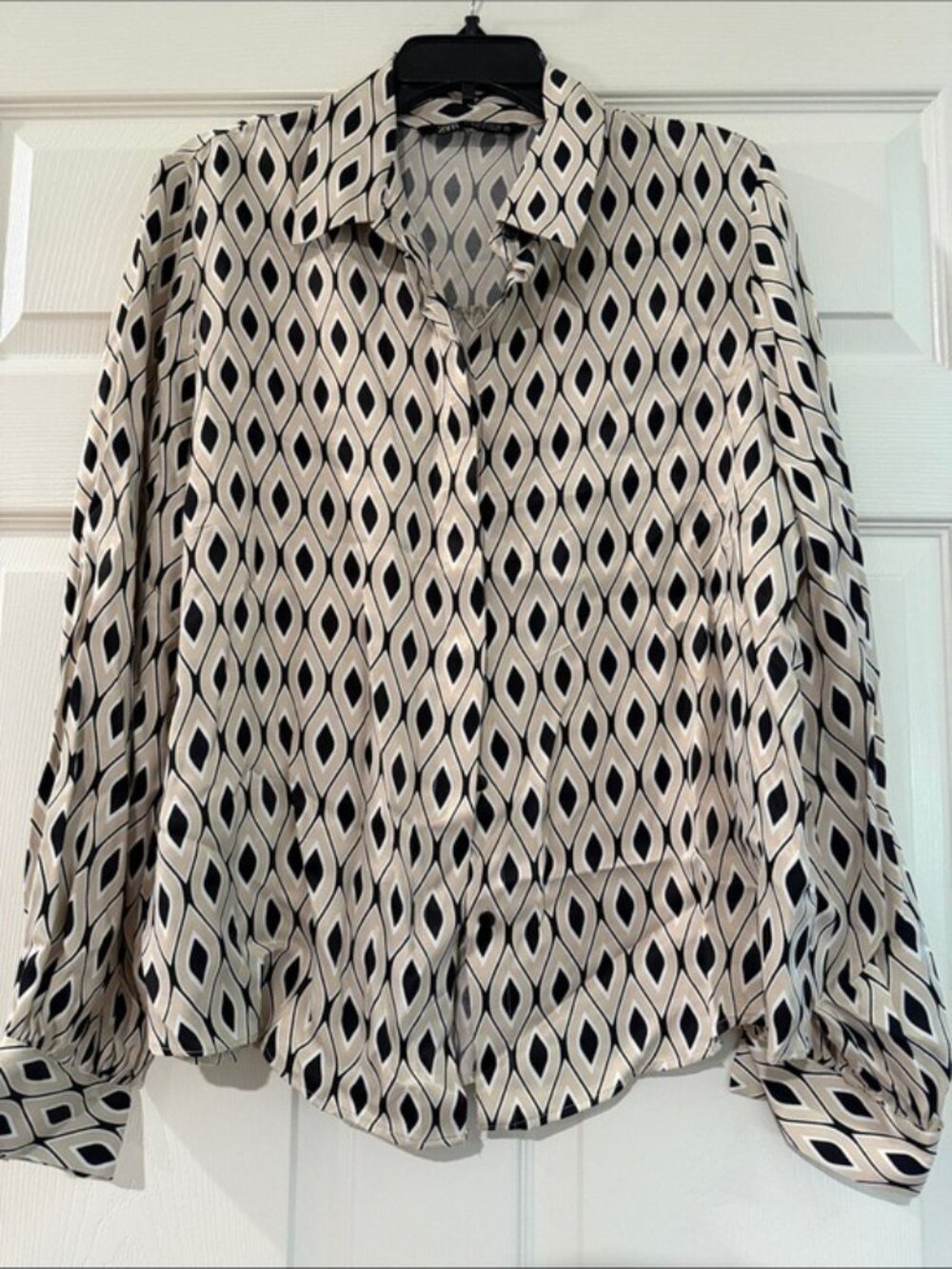 Zara Womens Geometric Print Long Sleeve Button-Up Blouse Size XL Made In Turkey